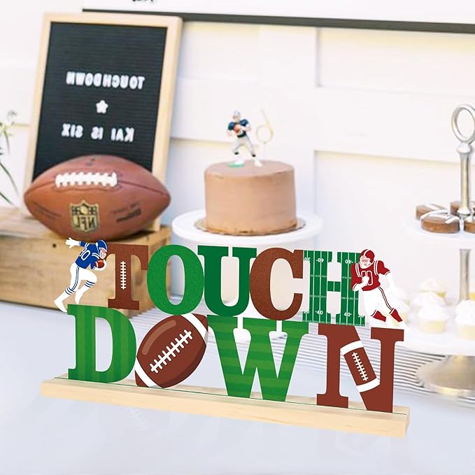 COCHIE Metal Football Touchdown Sign, Green Super Football Bowl Game Tailgate Party Decorations for Home, Office, Shelf, Mantel, Indoor, Touch Down Table Toppers Decor (Superbowl)-Ruum Studio Home