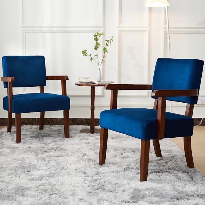 Accent Chair Set of 2 with Table, Living Room Chairs with Velvet Soft Seat & Armrests for Living Room Bedroom Reading Room Waiting Room (Velvet Navy)-Ruum Studio Home