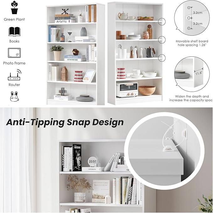 Bookshelf, Open Modern Bookshelf, 5 Shelf Bookcase with Freestanding Display Storage, Wooden Book Shelf for Bedroom, Living Room, Dinning Room, Office, 60 Inch, White-Ruum Studio Home
