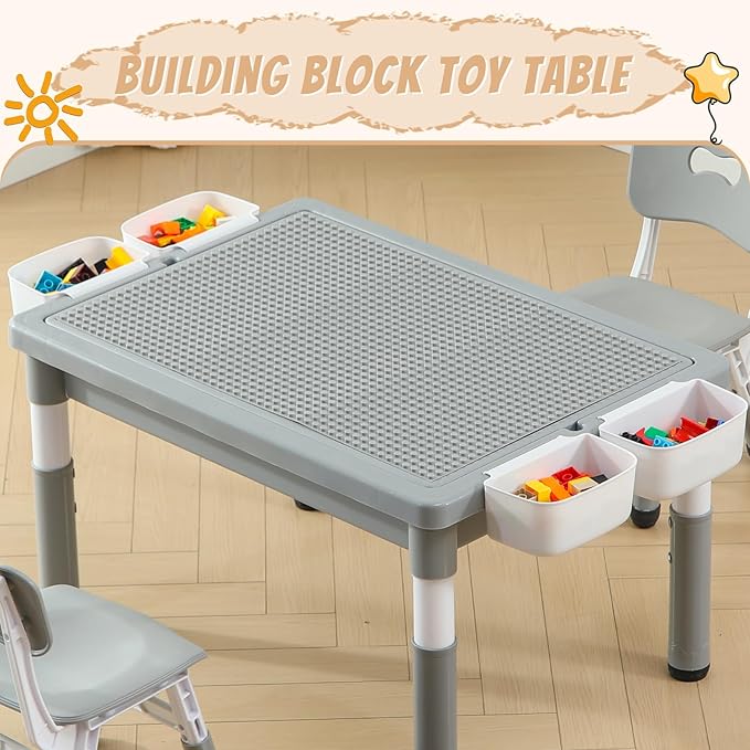Multi Functional Kids Table and 2 Chairs Set, Graffiti & Building Blocks Double-Sided Tabletop, Toddler Play Table with Drawers, Large Storage Space, Gift for Boys/Girls, Gray-Ruum Studio Home