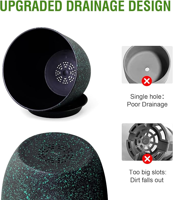 Plant Pots 9/8/7.5inch, Set of 3 Modern Decorative Plastic Planters with Drainage Holes and Saucer for Garden House Plants, Flower Pots for Indoor Outdoor Plants, Black with Green Speckles-Ruum Studio Home