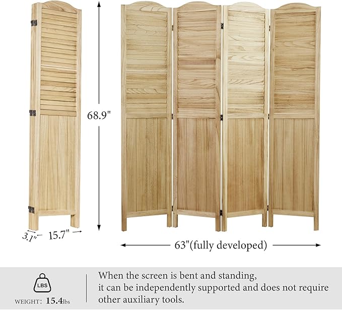 Room Partitions and Dividers, 68.9 Inch Temporary Wall with Double Hinges, Wooden Louver & MDF Stable Screens for Home Office Bedroom Coffeehouse Decoration (4 Panels, Wood Color)-Ruum Studio Home