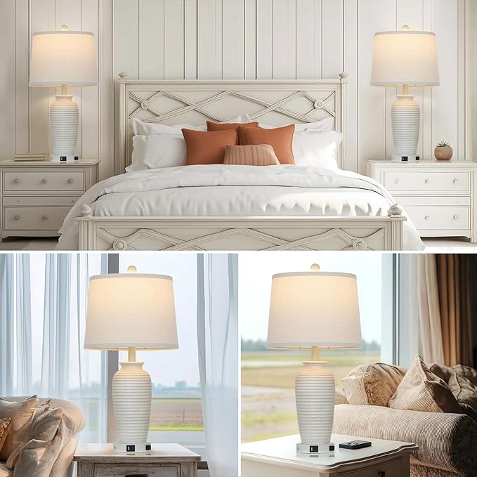 25" Farmhouse Jar Table Lamps Set of 2,Rustic Cream Pot Table Lamp for Bedroom, Living Room,3 Way Touch Control Rustic Bedside Lamps with USB A+C Ports & AC Outlet(LED Bulbs Included)-Ruum Studio Home