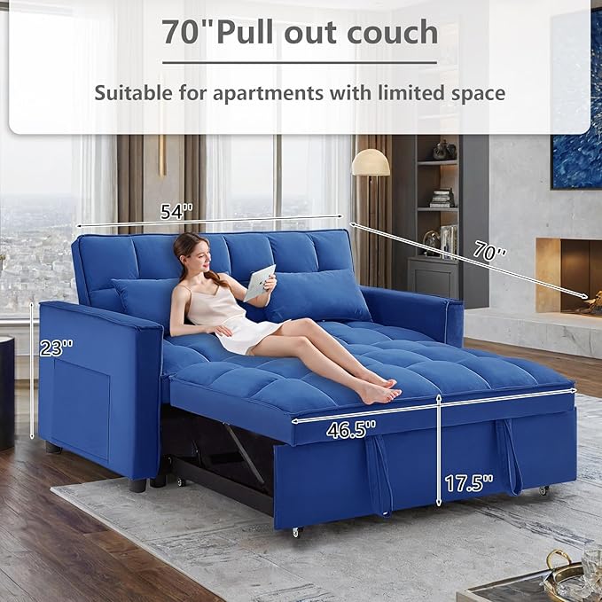3 in 1 Convertible Sleeper Sofa Bed,Futon Loveseat Couch with Pull-Out Bed & Adjustable Backrest,Velvet Fabric Sofa with Side Pocket for Small Apartment, Living Room, Office (Blue)-Ruum Studio Home