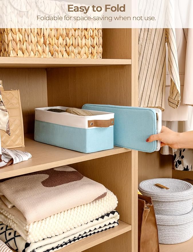 StorageWorks Narrow Storage Bins, Small Basket for Closet and Shelves, Fabric Organizer with Handles, Toilet Paper Storage, Light Blue and White, 2-Pack-Ruum Studio Home