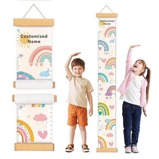 Personalized Name Growth Chart Wall Decor for Kids – Canvas Removable Height Chart Measuring Ruler 59" x 7.9" (Rainbows)-Ruum Studio Home