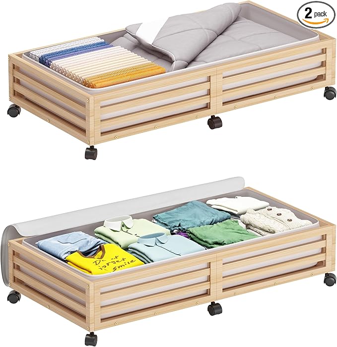 Bamboo Under Bed Storage Containers- Underbed Organizer with Wheels with Large Dust Bag,Sturdy Wood Rolling Under the Bed Shoe Storage Organizer Drawer 2 Packs (Nature, Long)-Ruum Studio Home