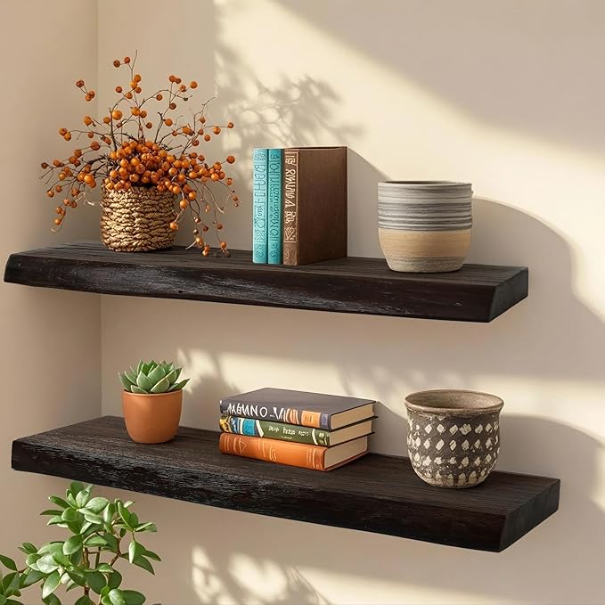Wood Floating Shelves Set of 2, Aged Elm Wood Picture Wall Shelf, Floating Shelves for Wall for Bedroom Kitchen Bathroom Living Room (Walnut, 36 inch)-Ruum Studio Home