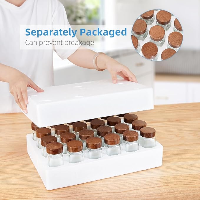 Yangbaga 34Pcs Glass Spice Jars with Labels-4oz Acacia Wood Lid Square Spice Containers with Pepper Grinder Lids &Funnel,Seasoning Jars for Rack Cabinet Drawer-Ruum Studio Home