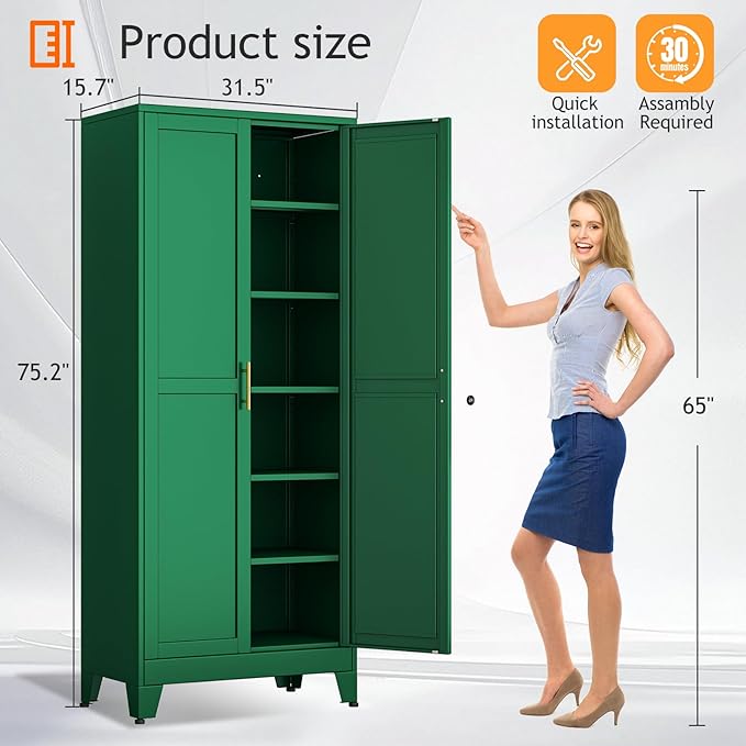 Kitchen Pantry Storage Cabinet with Doors and Adjustable Shelves, Metal ClosetMaid Food Pantry Cabinets, 75" Tall Freestanding Cupboard for Kitchen, Laundry or Utility Room, Green-Ruum Studio Home