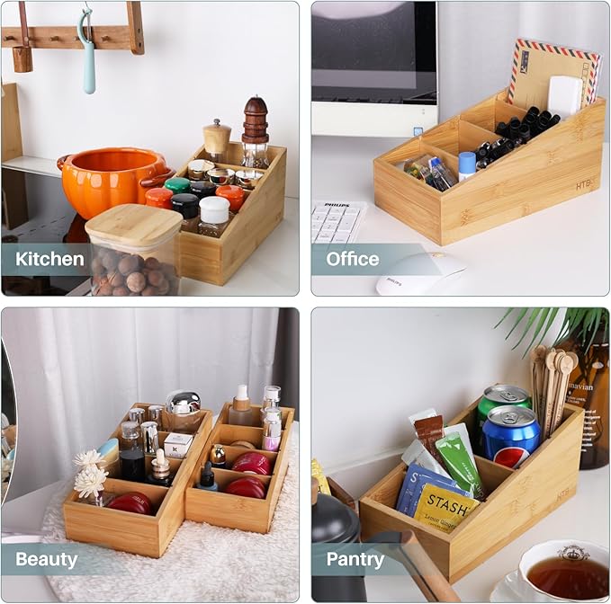 HTB 4-Section Snack Organizer with Removable Dividers for Kitchen, Cabinet, Office, Countertop, 2 Pack Bamboo Pantry Storage Organization for Spice Packets, Seasoning Pouches, Coffee Pods-Ruum Studio Home