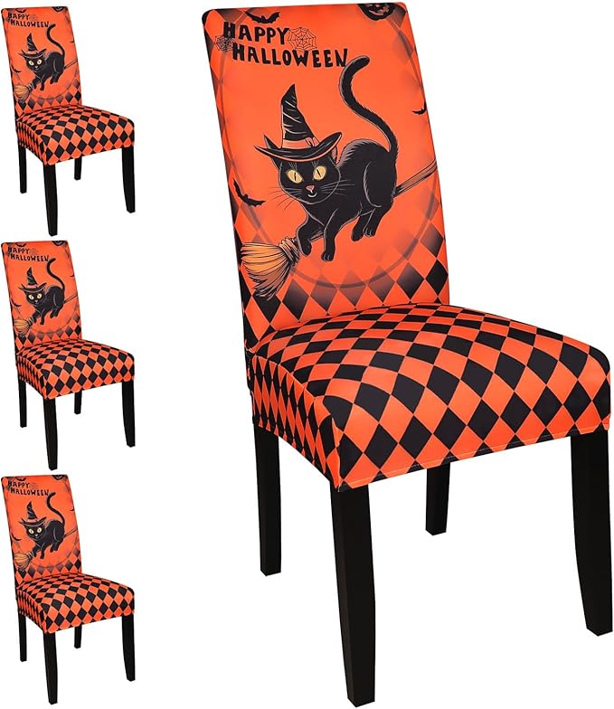 JQinHome Orange Halloween Chair Slipcover,Cat Chair Covers Set of 4, High Stretch Washable Chair Protector Cover for Dining Room, Kitchen,Home Party,Wedding Ceremony(Cat Orange,4PC)-Ruum Studio Home