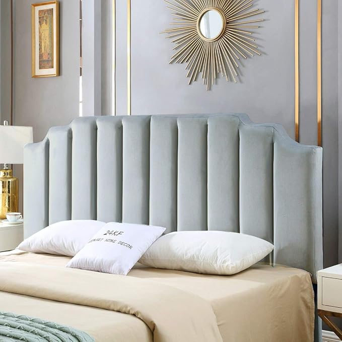 24KF Steel Gray Velvet Tufted King Upholstered Headboard, Modern Vertical Channel Design California King Headboard with Stepped Silhouette Top Edge, Steel Gray-Ruum Studio Home