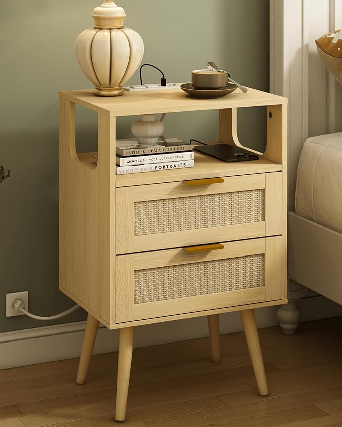 Rattan Nightstand with Charging Station,Modern Bedside Table with 2 Storage Drawer and Open Wood Shelf, for Bedroom and Small Spaces,Night Stand with Solid Wood Legs (Yellow Oak)-Ruum Studio Home