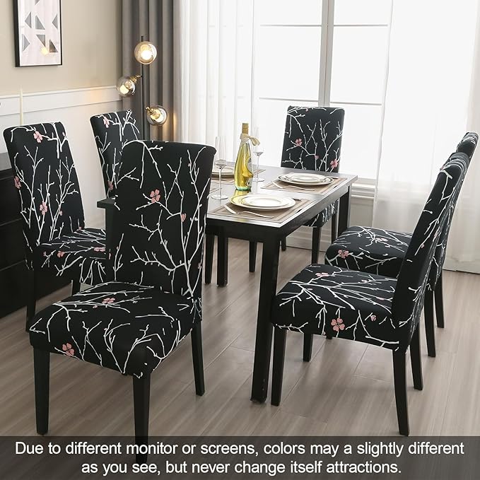 JQinHome Pattern Chair Covers for Dining Room Set of 4, High Stretch Removable Washable Parsons Chair Slipcover for Home Party Hotel Wedding Ceremony (Flourish Black,4PCS)-Ruum Studio Home