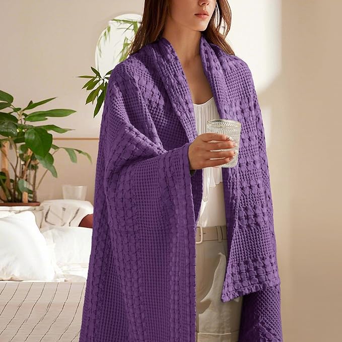 PHF 100% Cotton Waffle Weave Throw Blanket, Soft Lightweight Breathable Cozy Summer Throws for Couch Bed Sofa, Luxury Aesthetic Woven Blanket for Home Decor & Office, 50"x60", Grape-Ruum Studio Home