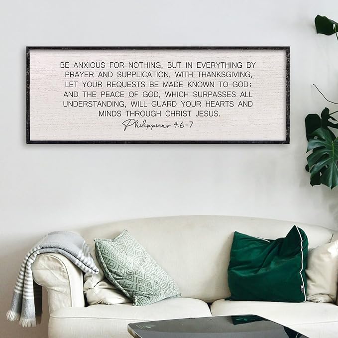 LuZhiQiang Be Anxious for Nothing Wall Decor 32"×12" Philippians 4:6-7 Bible Verse Sign Large Christian Scripture Wood Framed Hanging Decor (Black)-Ruum Studio Home