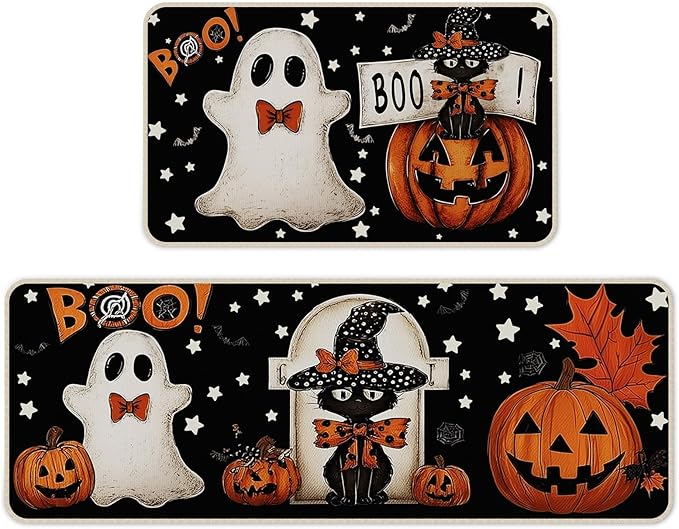 Halloween Kitchen Mat Set of 2, Pumpkin Ghosts Boo Cat Halloween Decor, Halloween Rug for Floor, Indoor Home Decor with Non-Slip Backing,17 x 29 Inch & 17 x 47 Inch-Ruum Studio Home
