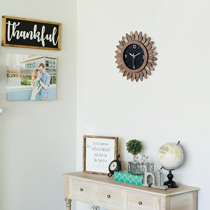 Honiway Wall Clock Battery Operated 12 in Rustic Wood Boho Sunburst Decorative Wall Clock Silent Non Ticking Farmhouse Small Wall Clocks for Living Room Kitchen Bathroom Bedroom Decor (Tricolor)-Ruum Studio Home