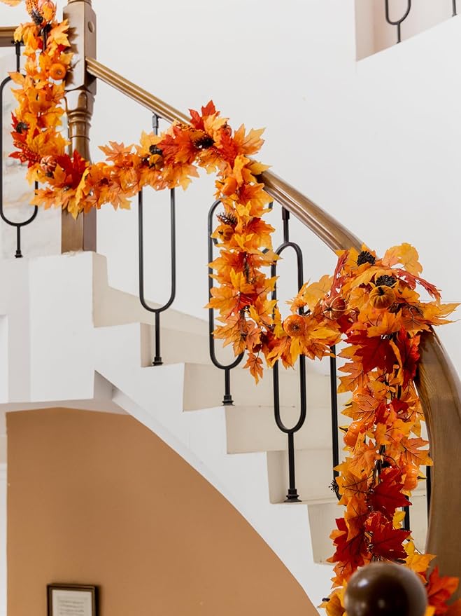 MISSPIN Fall Decor - Fall Garland - 6FT Autumn Maples Leaf Garland for Autumn Decor Hanging Vine for Halloween Thanksgiving Decor Home Wedding Fireplace Party Christmas(Orange)-Ruum Studio Home