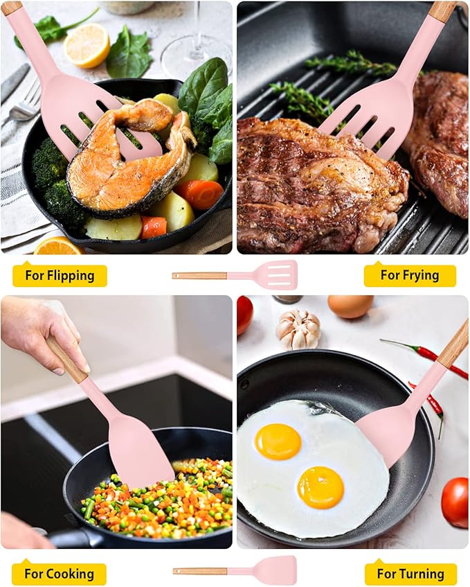 Pack of 2 Silicone Cooking Spatula, Heat Resistant Solid Turner, Non Stick Slotted Spatulas with Wooden Short Handle,Ideal Wood Kitchen Utensils Set for Frying, Baking, Flipping, Turning-Ruum Studio Home