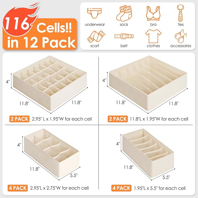 12 Pack Baby Clothes Organizer for Nursery, 116 Cells Fabric Foldable Dresser Closet Organizers and Storage Bins for Clothing, Women Men Underwear Socks, Bra, Ties, Scarf, Belt, Hair Accessories-Ruum Studio Home