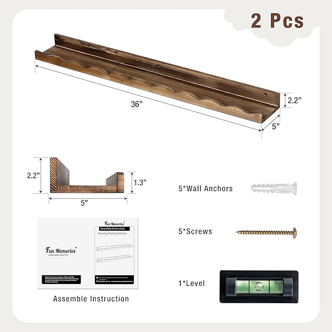 Fun Memories Picture Ledge Shelf for Wall, 36 inch Pine Wood Nursery Book Shelves Set of 2- Wall Book Shelves for Kids Room, Home Decor - Kitchen Spice-Carbonized-Ruum Studio Home