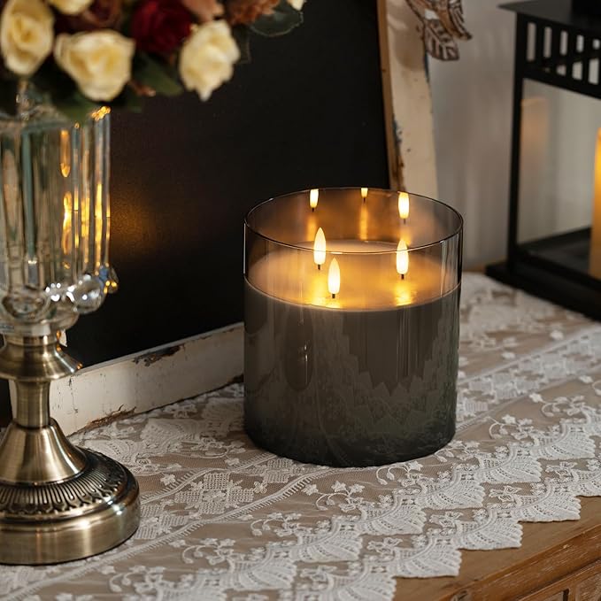 Homemory 6X6'' Extra Large Flameless Candle with 3 Wicks, Glass LED Pillar Candle, Real Wax Battery Operated Candle with Remote Control and Timer, Grey-Ruum Studio Home