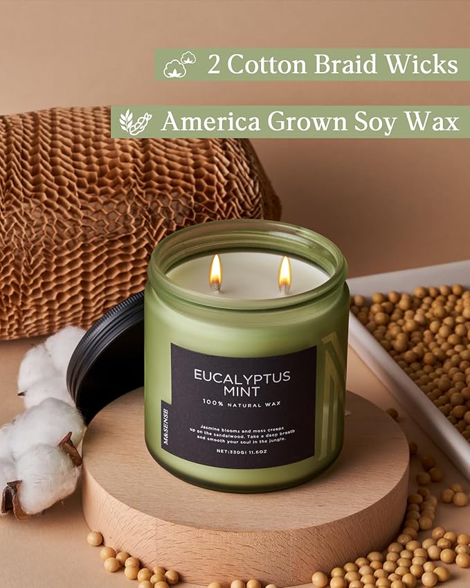 M&SENSE Eucalyptus & Mint Soy Candles for Home Scented, 11.6oz 70 Hour Burn Aromatherapy Candle Gift for Stress Relief, Meditation, Yoga, Relaxing SPA, Reusable Jar for Men and Women-Ruum Studio Home