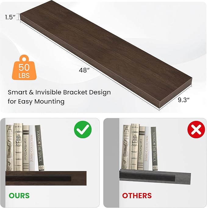 Floating Shelves for Wall, 48" W x 9.3" D x 1.5" H, Wooden Wall Mounted Display Shelves with Invisible Brackets for Living Room, Bedroom, Bathroom, Kitchen Decor and Storage, Set of 1, Walnut-Ruum Studio Home