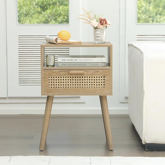 MaxSmeo Rattan Nightstand with Drawer, Mid Century Modern Wood Bedside Table for Living Room, Bedroom and Small Spaces (Rustic Walnut)-Ruum Studio Home
