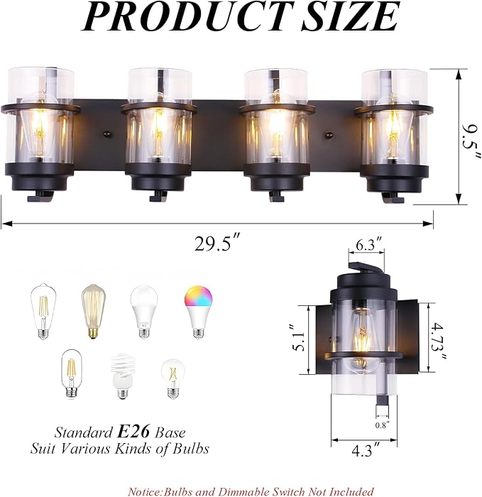 Bathroom Vanity Light Fixtures,4 Lights Matte Black Vanity Lights, Industrial Black Wall Sconces 4 Lights,Farmhouse Bathroom Lights(Bulbs not Included)-Ruum Studio Home