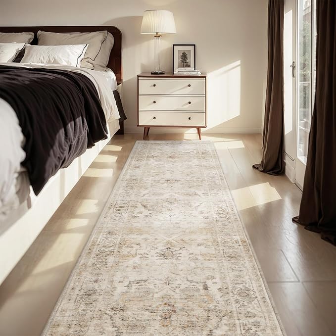 AMOAMI-2X10 Runner Rug-Washable Runners for Hallways-Soft Non Slip Bedside Rugs for Bedroom-Vintage Long Rug for Hallways Entryway Laundry Room Stair Kitchen Bathroom Beige-Ruum Studio Home