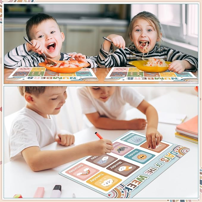 Educational Preschool Kids Placemats Set of 6 Boho Toddler Montessori Plastic Table Mats Non Slip Reusable Kids Place Mats Washable Table Decoration for Indoor Outdoor Party Kitchen Dining-Ruum Studio Home
