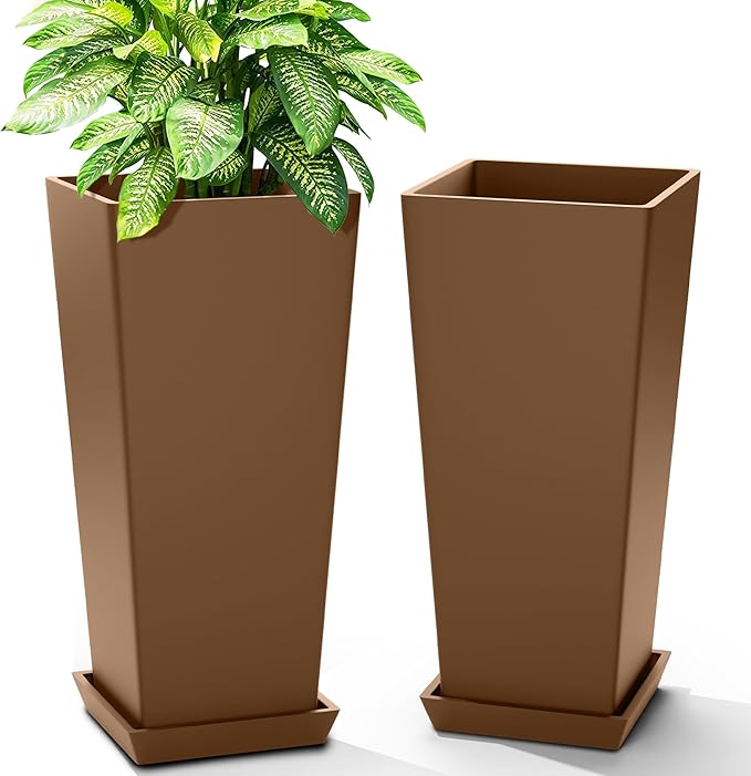 FENCY Set of 2 Tall Planters for Outdoor Plants, 24 Inch Large Tapered Pots with Drainage Trays, Weather-Resistant Plastic Plant Containers for Patio, Porch, Garden, Front Door Decor,Brown-Ruum Studio Home