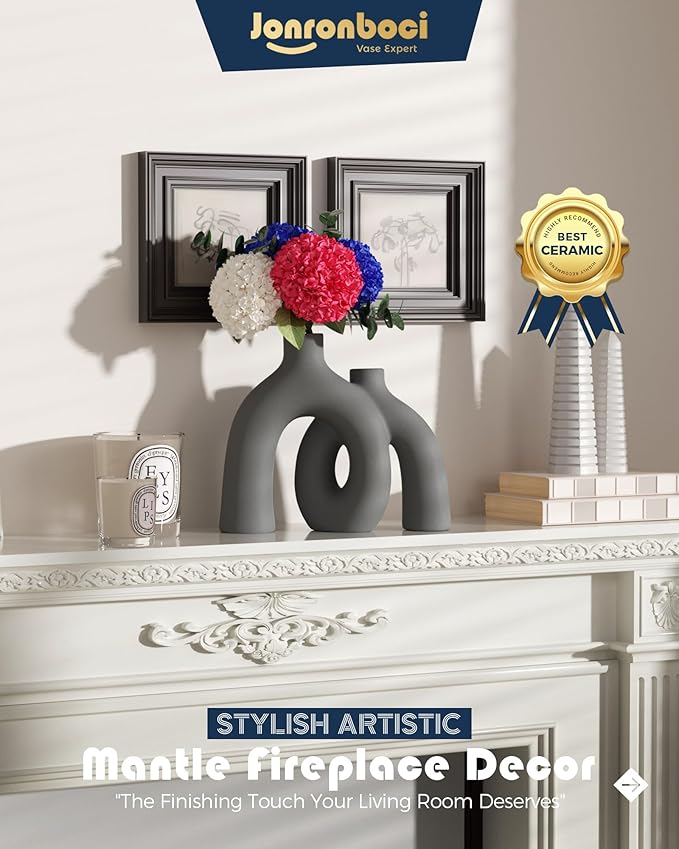 Hug Donut Decorative Vase Set - Dark Gray Modern Minimalism Industrial Style Vases Home Decor, Matte Ceramic Decorations for Living Room Shelf, Bookshelf Mantle Entryway Table or Console Décor(Gray)-Ruum Studio Home