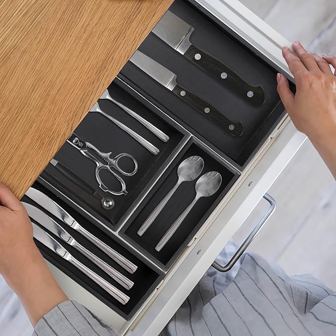 Bamboo Drawer Organizer - Kitchen Utensil Organizer Silverware Tray Cutlery Holder，Office Desk Supplies and Accessories,8.9 * 3 * 2.6inch,Black-Ruum Studio Home