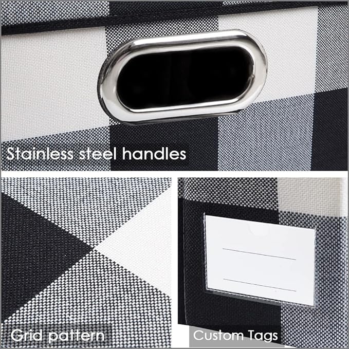 PRANDOM Collapsible Storage Bin with Lid [3-Pack] Fabric Foldable Storage Box Organizer Container Basket Cube with Cover for Home Bedroom Closet Office Nursery Black and White Grid(14.9x9.8x9.8)-Ruum Studio Home