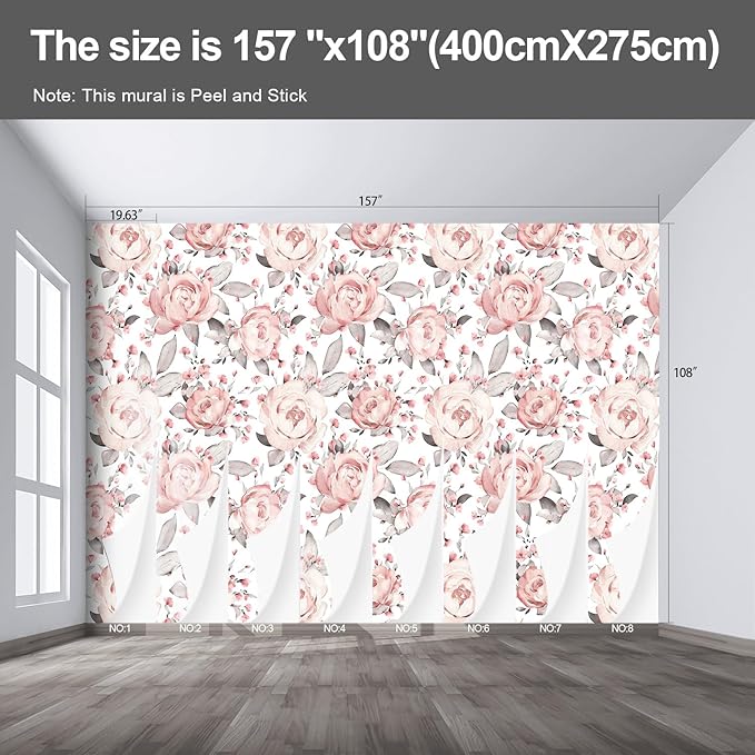 Pink Floral Wall murals Peel and Stick Flowers Wallpaper for Bedroom Living Room - 108"x157"-Ruum Studio Home
