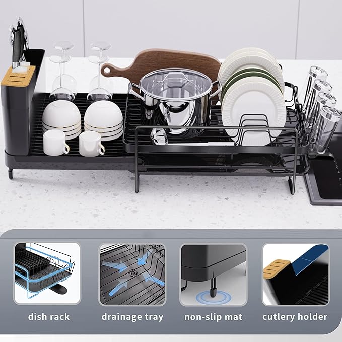Runnatal Large Dish Drying Rack with Drainboard Set, Dish Rack, Extendable Dish Rack, Utensil Holder, Cup Holder, Expandable Dish Drainer for Kitchen Counter-Ruum Studio Home