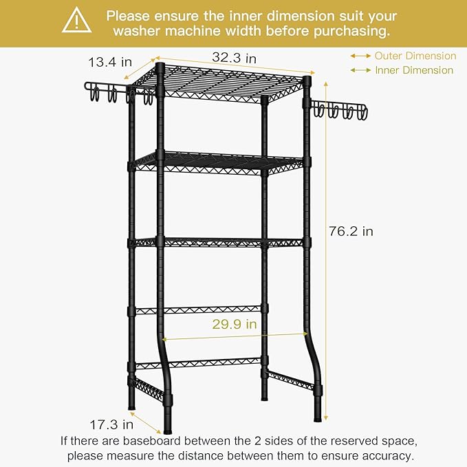 Ulif U8 Medium Laundry Room Storage Organizer, Over the Washer and Dryer Storage Shelves for Laundry Organization, 32.3”W x 17.3”D x 76.2”H, Suit Washing Machine Width within 29.9”, Hold 304 lb, Black-Ruum Studio Home
