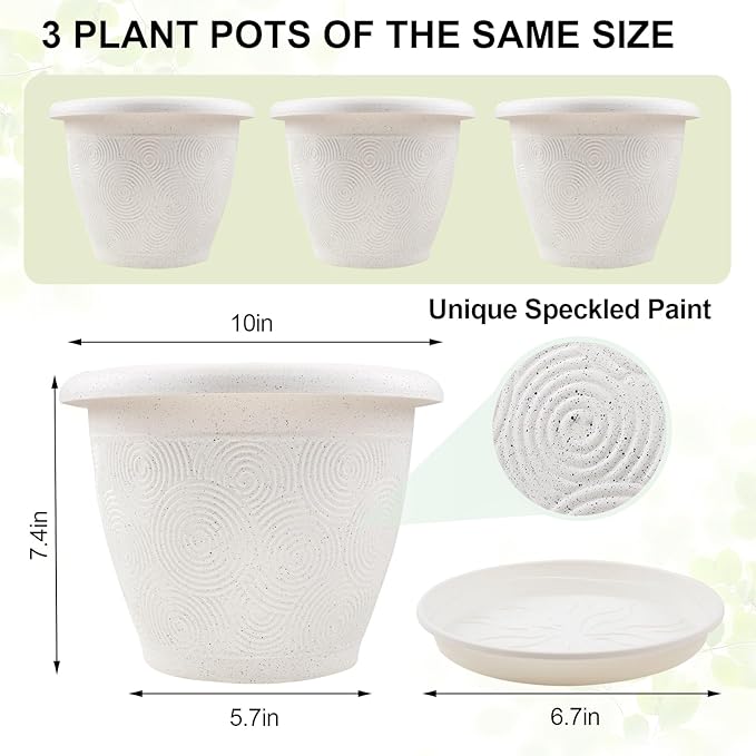 Plastic Flower Pots Planters for Indoor Plants, 3 Pack 10 Inch White Plant Pots with Drainage Hole & Tray, Modern Decorative Large Plant Pot with Saucer for Indoor Outdoor Plants Garden House Planter-Ruum Studio Home