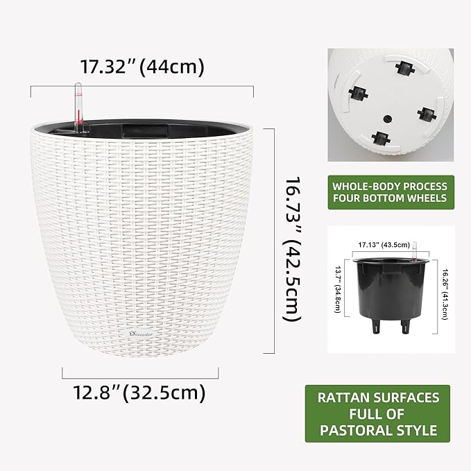 Dexceder 18x17 Inches Rattan Self Watering Planter Indoor Outdoor, Inner Pot Design, Thickened Table Flower Plant Pot with Water Level Indicator (Ivory White)-Ruum Studio Home