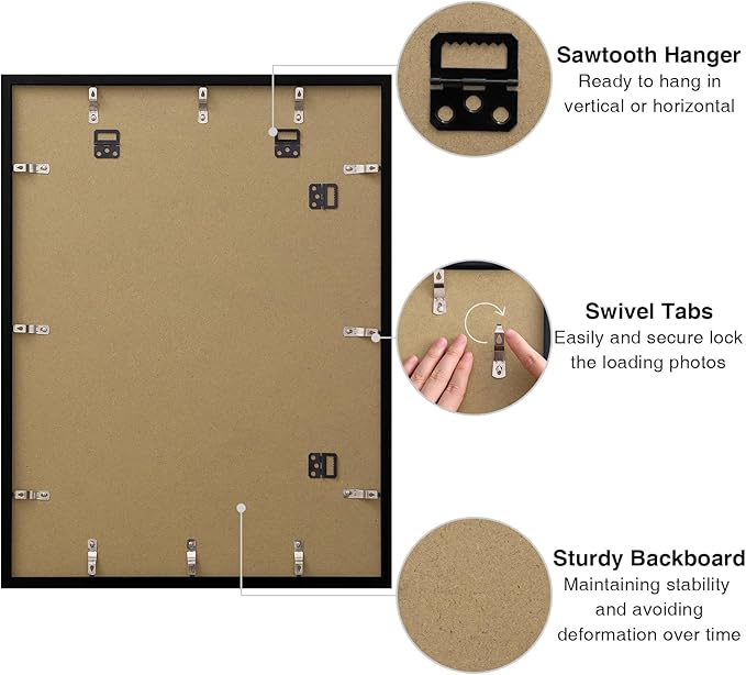 Vittanly 18x24 Picture Frames Set of 9, Shatter Resistant Plexiglass, Display 16x20 Pictures with Mat or 18x24 without Mat, Photo Frames for Wall or Tabletop, PVC Frame, Black-Ruum Studio Home