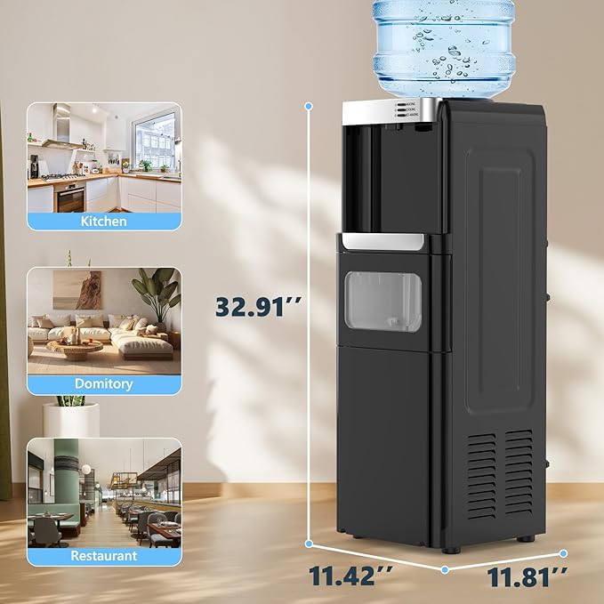 COWSAR 3-in-1 Water Cooler with Ice Maker, Hot & Cold Top Loading, Water Dispenser for 5 Gallon Bottle, 33LBS/24H Ice Maker with Child Safety Lock, Black-Ruum Studio Home