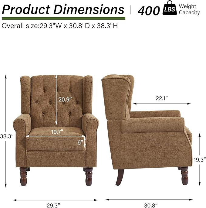 Accent Chair, Upholstered Armchair with Button Tufted High Back & Solid Wood Legs, Comfy Wingback Reading Single Sofa Chair for Small Spaces, Living Room, Bedroom (Brown, Set of 1)-Ruum Studio Home