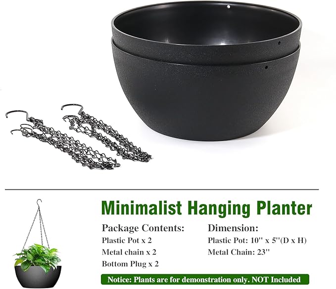 10 inch Hanging Planters for Outdoor Indoor Plants with Drainage Holes and Chain, 2 Pack Round Hanging Flower Pots for Garden Home Porch Decor, Black-Ruum Studio Home