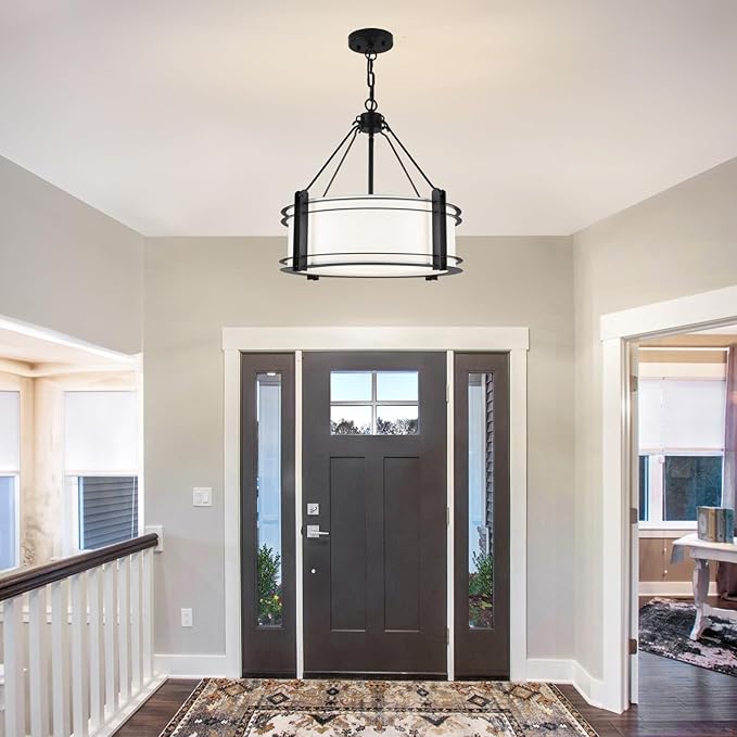 16.3''Black Drum Chandelier 3-Light Modern Farmhouse Chandelier with White Fabric Shade Adjustable Drum Pendant Light Fixture for Dining Room Kitchen Island Hallway Living Bedroom-Ruum Studio Home