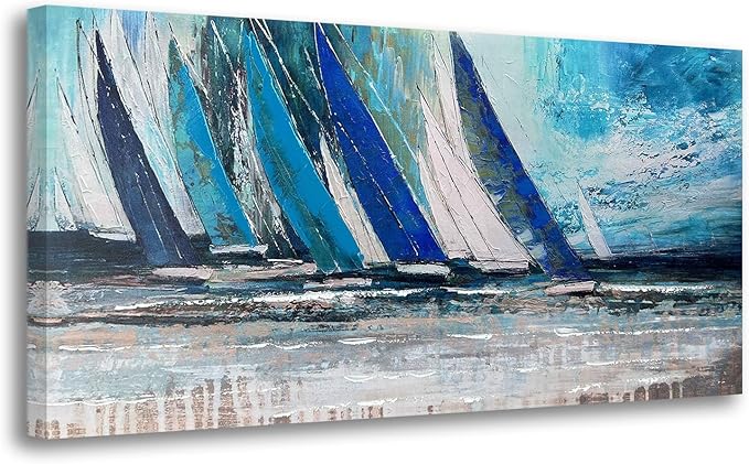 Arjun Blue Abstract Wall Art Canvas Teal Ocean Sailboat Picture Modern Turquoise Coastal Nautical Painting Large 40"x20" Framed Textured Artwork for Living Room Bedroom Bathroom Home Office Wall Decor-Ruum Studio Home