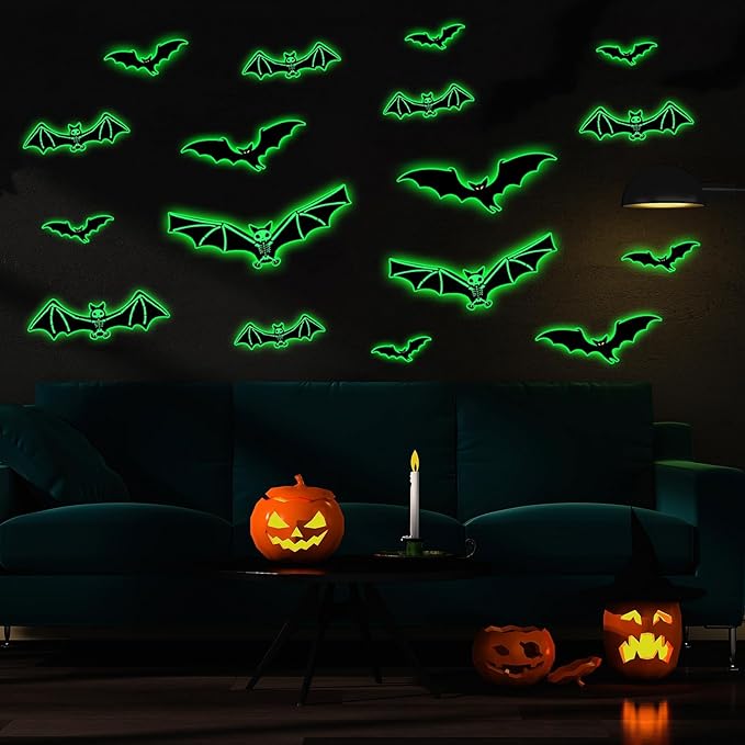3 Sheets Glow in The Dark Halloween Skeleton Bat Decals Luminous Halloween Skeleton Bat Stickers Removable Bat Wall Decor Glowing Window Clings for Scary Halloween Theme Party Decorations-Ruum Studio Home